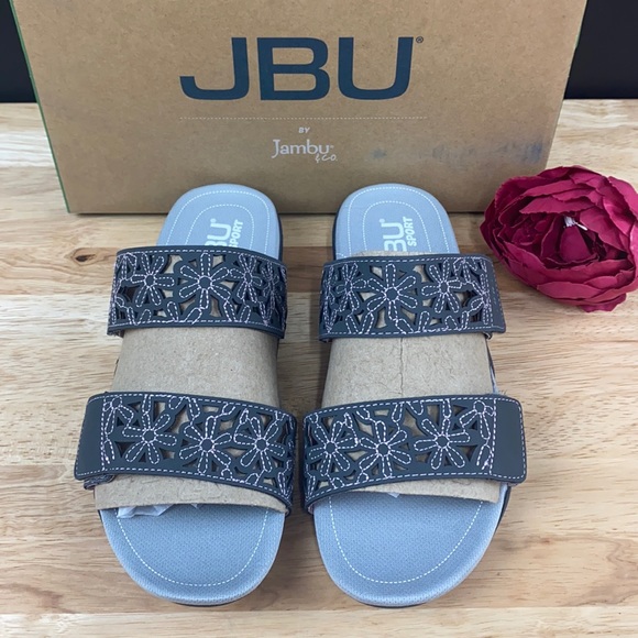 JBU Shoes - Jambu JBU Sport Grey Wildflower Two Strap Slide Sandal, 6.5M
